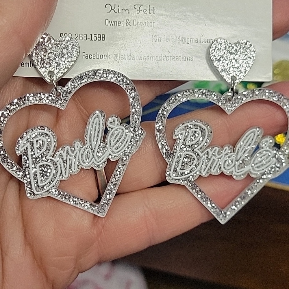 Bride White Heart 2.25" Resin Earrings